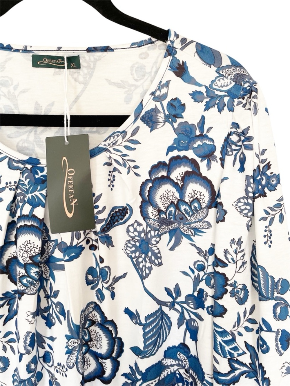 OFEEFAN Blue White Floral Scoop Neck Top XL - Picture 4 of 7